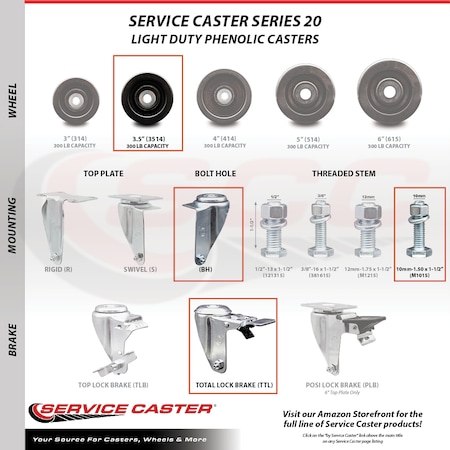 Service Caster 3.5 Inch SS Phenolic 10mm Threaded Stem Caster with Total Lock Brake SCC SCC-SSTSTTL20S3514-PHS-M1015